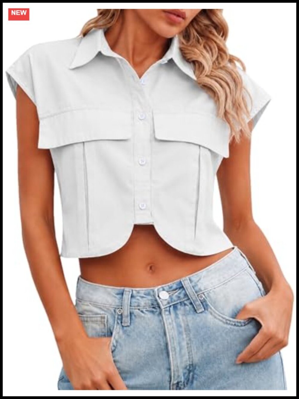Sleeveless Cropped Button Down Shirt with Pockets Y2K Tank Top